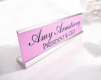Personalized Desk Name Plate Gloss Pink with Silver Aluminum Holder 2 x 8 inches