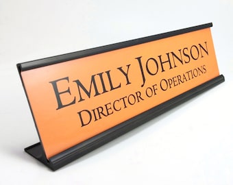 Personalized Desk Name plate nameplate plaque orange with black aluminum holder 2 x 8 inches Great for Halloween
