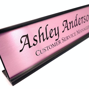 Personalized Desk Name plate nameplate brushed METALLIC pink with black aluminum holder 2 x 8 inches