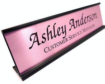 Personalized Desk Name plate nameplate brushed METALLIC pink with black aluminum holder 2 x 8 inches