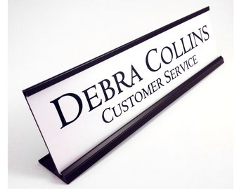 Personalized desk name plate office gift white with black metal holder 2 x 8 inches great teacher gift