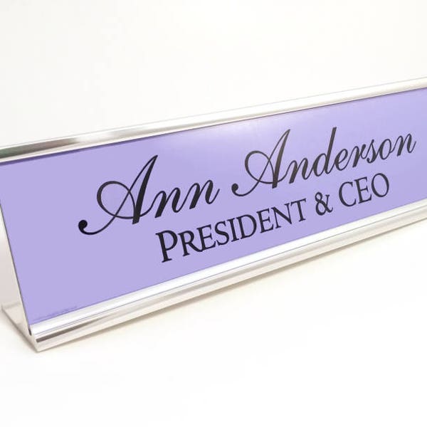 Personalized desk name plate, purple with silver aluminum holder, 2 x 8 inch plaque