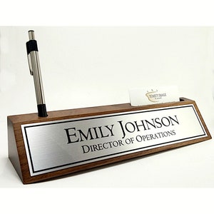 Desk name plate walnut wood wedge with card and pen holder