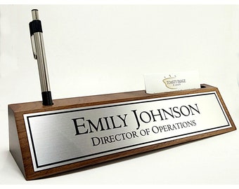 Desk name plate walnut wood wedge with card and pen holder