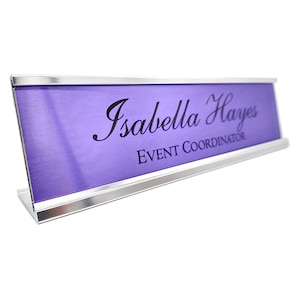 Personalized Desk Name plate nameplate brushed METALLIC PURPLE with silver aluminum holder 2 x 8 inches