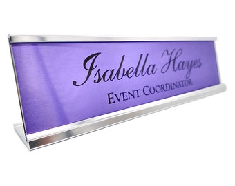 Personalized Desk Name plate nameplate brushed METALLIC PURPLE with silver aluminum holder 2 x 8 inches