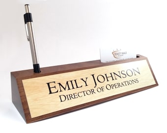 Personalized Desk Name plate wedge business card and pen holder walnut wood with gloss light wood look aluminum insert