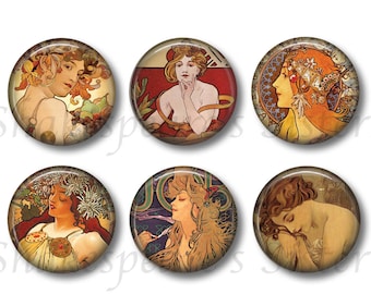 Lovely Art Nouveau Magnets - Refrigerator Magnets - Alphonse Mucha - Set of 6 Magnets - 1.5 Inch Magnets