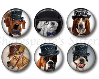 Steampunk Dog - Fridge Magnets - Dog Magnets - Cute Dogs - 6 Magnets - 1.5 Inch Magnets - Kitchen Magnets