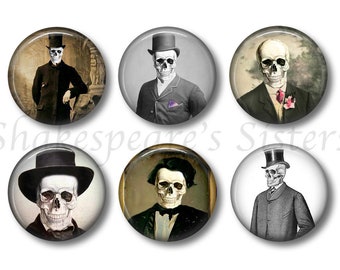 Skeletons in Top Hats - Human Anatomy Gothic Medical Magnets - 1.5 Inch Round - 6 Piece Set - Kitchen, Locker, Office, Halloween, Horror