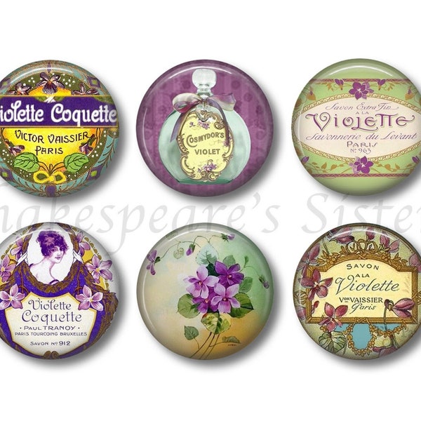 Pretty Violet Floral Magnets - Six Round 1.5 Inch Magnets - Vintage French Perfume Label Design - Kitchen Decor