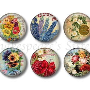 Garden Flower Magnet Set - 6 Round Nature Magnets - 1.5 Inch - Floral Kitchen, Vintage Design, Cottage Kitchen, Office, Locker, Gift