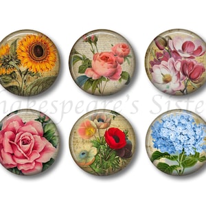 Flower Magnet Set - 6 Round Nature Magnets - 1.5 Inch - Rose, Sunflower, Hydrangea - Cute for Kitchen, Locker, Office, Gardner