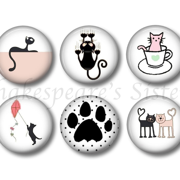 Cute Cat Magnet Set - Six Round 1.5 Inch Magnets - Crazy Cat Lady , Animal Lover, Kitty Kitchen Gift