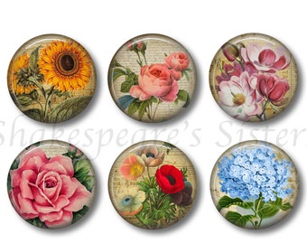 Flower Magnet Set - 6 Round Nature Magnets - 1.5 Inch - Rose, Sunflower, Hydrangea - Cute for Kitchen, Locker, Office, Gardner
