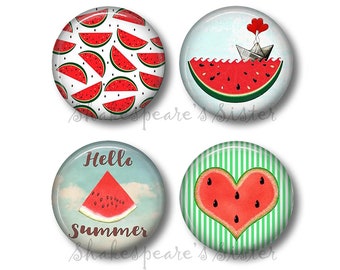 Watermelon Magnets - 4 Piece Set - 1.5 Round - Cute for Kitchen, Office, Locker - Fruit Magnet, Summer Kitchen, Beach House, Housewarming