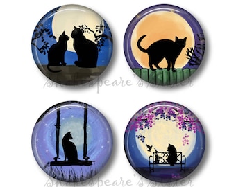 Lovely Black Cat and Moon Magnets - Four Magnets - 1.5 Inch Round - Cat Moonlight Kitchen Decor