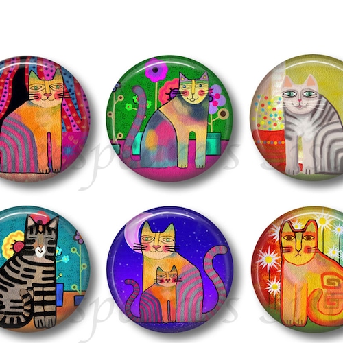 Colorful Cat Magnets Six Round 1.5 Inch Magnets Cat Lover | Etsy