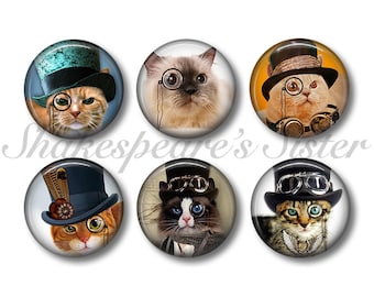 Cat Magnets - Fridge Magnets - Steampunk Cat - 6 Magnets - 1.5 Inch Magnets - Kitchen Magnets