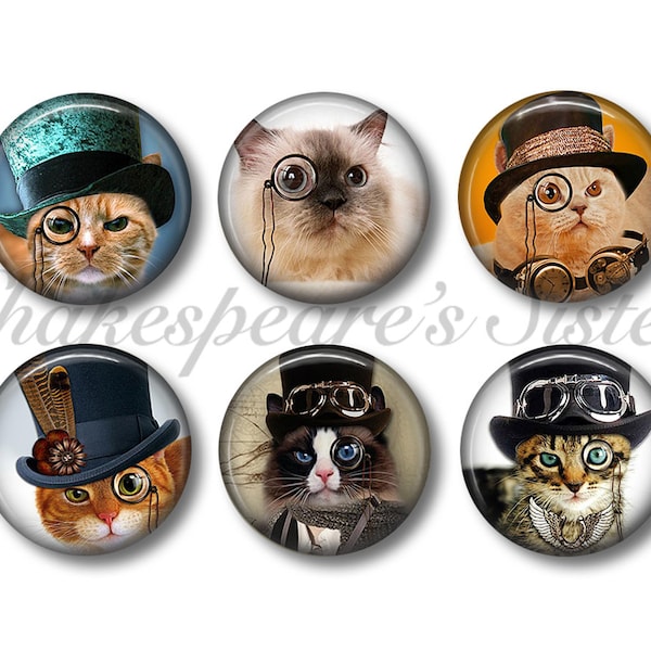 Cat Magnets - Fridge Magnets - Steampunk Cat - 6 Magnets - 1.5 Inch Magnets - Kitchen Magnets