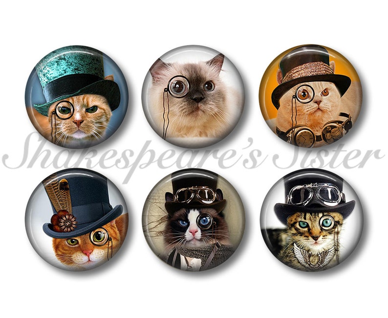 Cat Magnets Fridge Magnets Steampunk Cat 6 Magnets 1.5 Inch Magnets Kitchen Magnets image 1