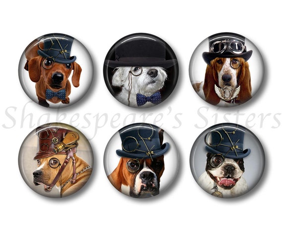 Steampunk Dog 6 Magnets 1.5 Inch Magnets Dog Magnets Kitchen Magnets Fridge Magnets