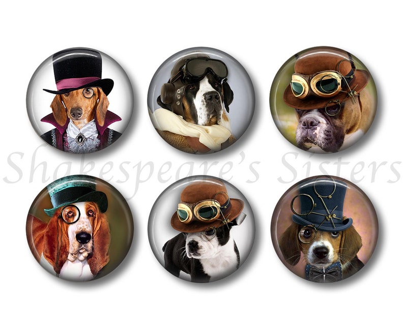 Steampunk Dog 6 Magnets 1.5 Inch Magnets Dog Magnets Kitchen Magnets Fridge Magnets