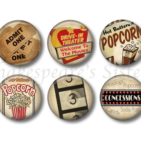 Retro 1950s - Fridge Magnets - Movie Theater - 6 Magnets - Drive In Movie - 1.5 Inch Magnets - Cute Fridge Magnets - Retro Kitchen Decor