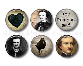 Edgar Allan Poe - Literary Magnets - 6 Magnets - 1.5 Inch Magnets - Kitchen Magnets