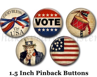 Americana Pins - 5 Pinback Buttons - 1.5" Pinbacks - American Pins - Patriotic Pins - Fourth of July