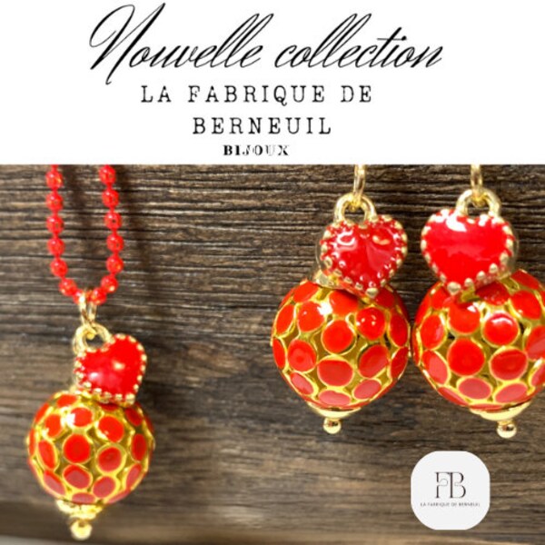 Nouvelle Collection 2024 Saint Valentin  Boucles d'oreilles "VALENTINE", perles à facettes émaillées Rouge et son petit cœur doré !