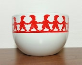 Kaj Franck Finel Arabia Christmas Enamel Bowl Tonttu. Red -white decor with elves. 60s