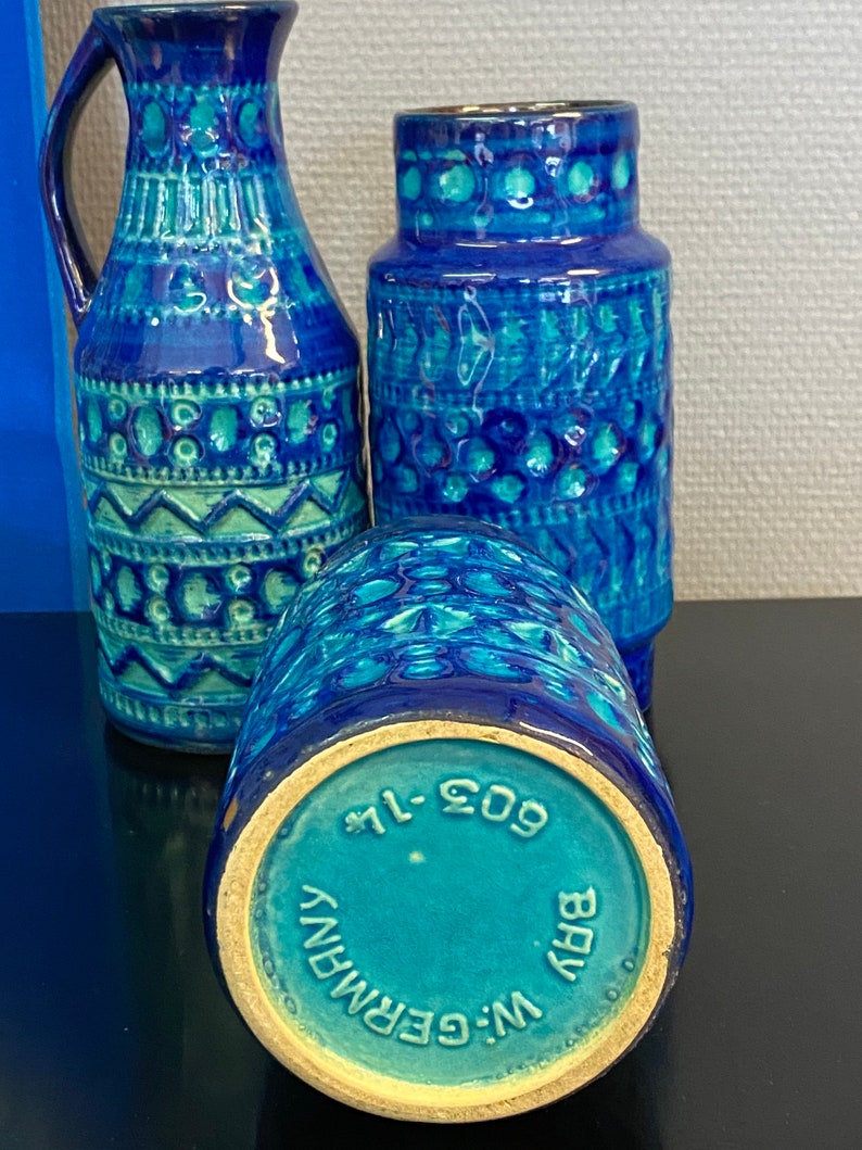 Mid Century Potery Blue Ceramic Vase Set of Three Vases Etsy