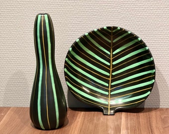 Rare Bitossi black green vase and leaf bowl, Italian design Aldo Londi Mid century