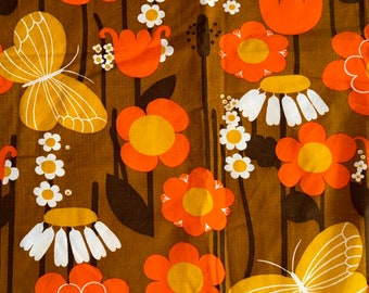 Rare rideau Cafe en tissu floral orange des années 70, rideau de cuisine avec papillon.
