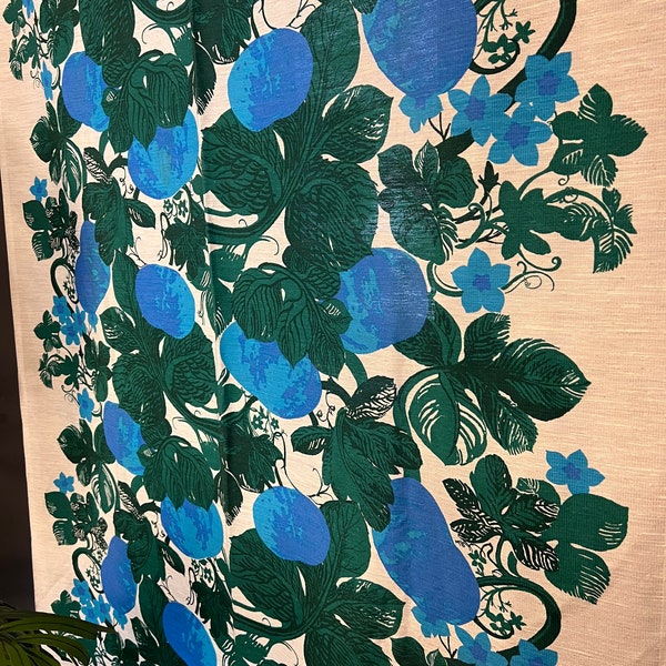 Scandinavian vintage curtain panel in blue green large patterned fabric  Sweden 60's.