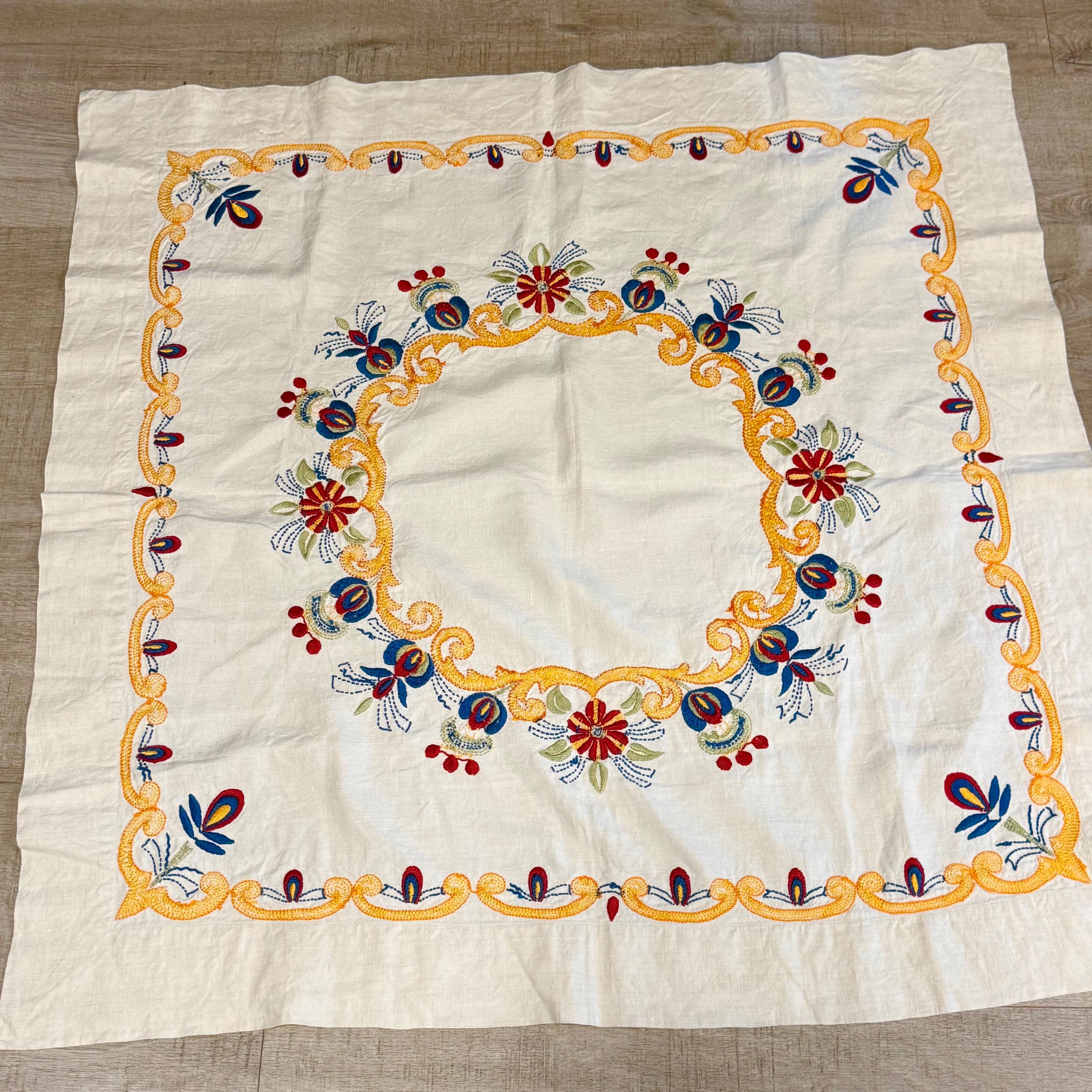 ヴィンテージスウェーデンリネンテーブルクロス：クルビッツの花柄刺繍