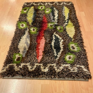 Scandinavian Rya Rug, Handmade Wool High Pile Rug, Mid century Modern Home Decor.
