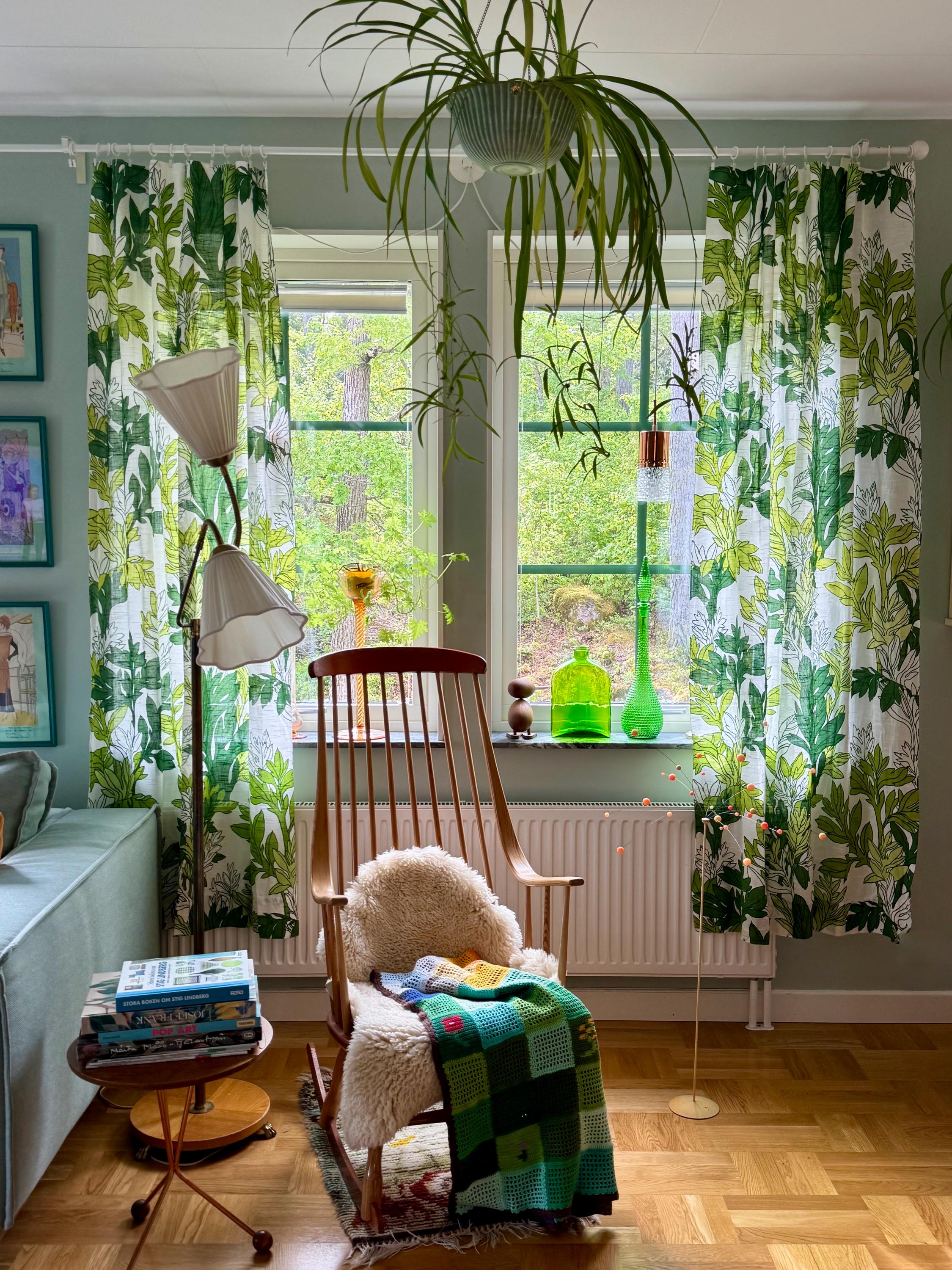 Vintage Swedish Curtains Green Botanical 70s Mid Century Drapes Sheer Pair