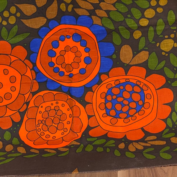 70s orange floral fabric design Saini Salonen, made in Scandinavia.