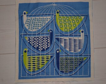 Swedish vintage fabric bird design Maud Fredin Fredholm scandinavian 60s