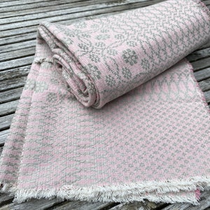 Scandinavian woven pink gray linen tablecloth, Sweden folk weaving textiles.