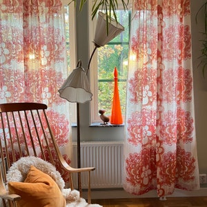Vintage 70s Floral Curtain Panels: Scandinavian Mid-Century Modern Orange Retro Fabric