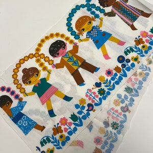 70s fabric all the children of the world, for making mid century wall art, pillows. Retro 70s.