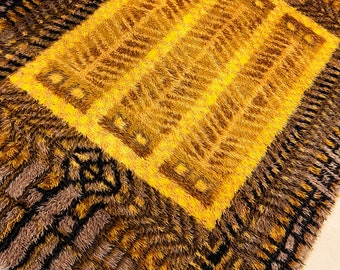 Scandinavian rug by Marianne Ruchter, wool shag rug, midcentury modern home decor. Brown yellow Rya Rug.
