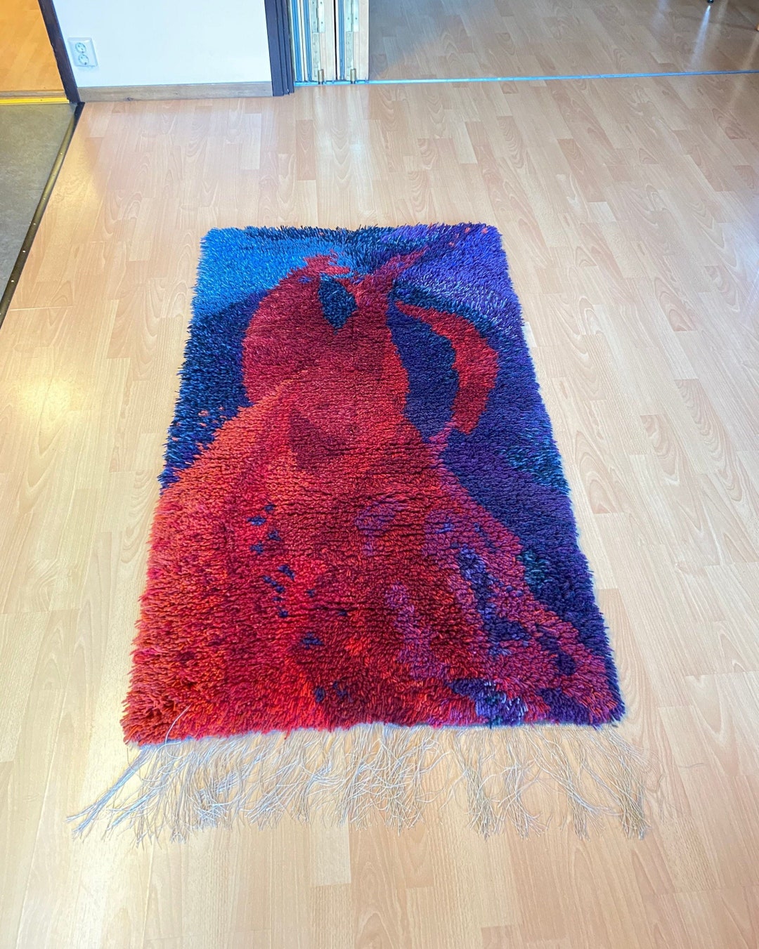 Vintage Scandinavian Rya Rug From the 1960s Unique Phoenix Bird Design