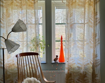 Scandinavian curtains panels in vintage yellow herbs fabric design Maija Isola