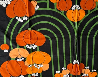 Vintage 70s fabric black, orange, green bold floral fabric, Scandinavian wall art, pillows. Mid century.