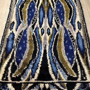 Vintage Scandinavian Rya Rug – Blue Black Wool, High Pile, Mid-Century Modern