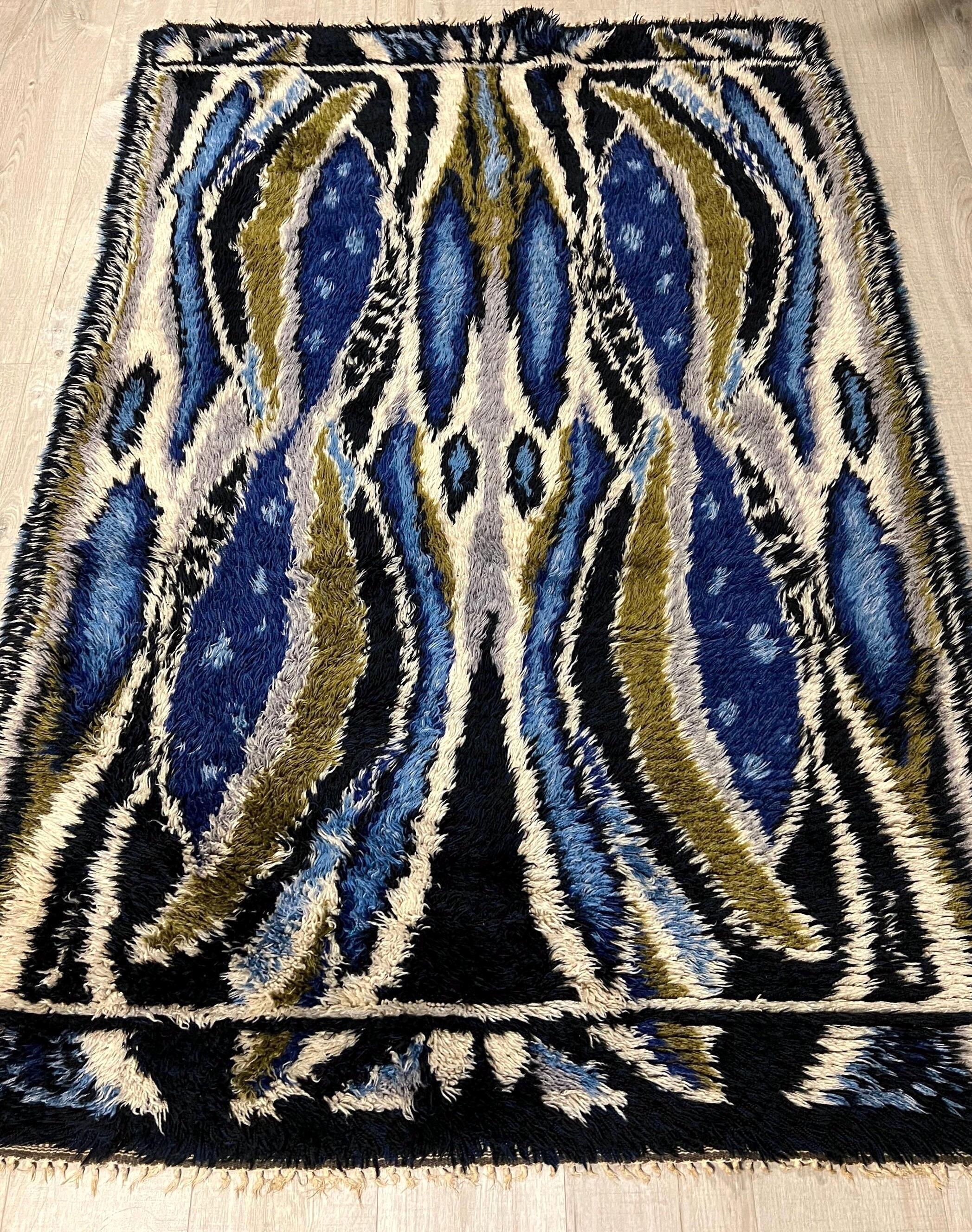Vintage Scandinavian Rya Rug – Blue Black Wool, High Pile, Mid